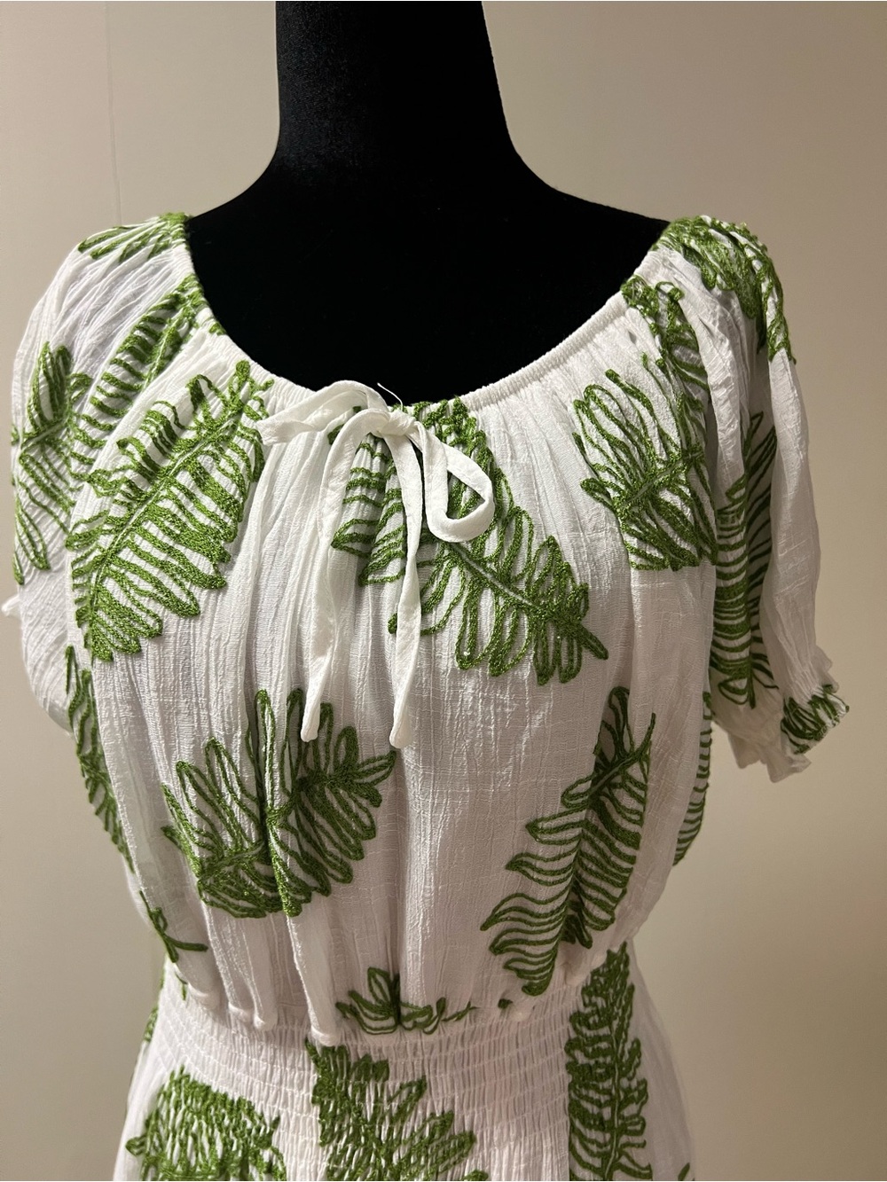 White Peasant Long Dress with Green Leaf Embroidery